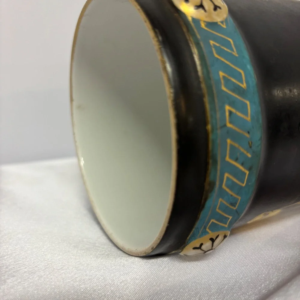 Antique Old Paris Porcelain Portrait Vase Black Gold Trim Decorative‎